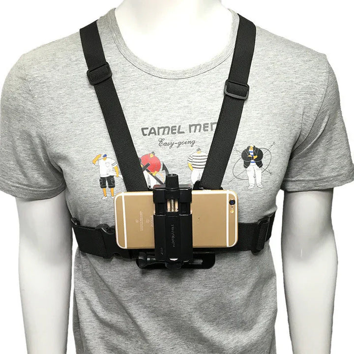 Chest harness phone mount on mannequin with grey printed t-shirt, hands-free holder display