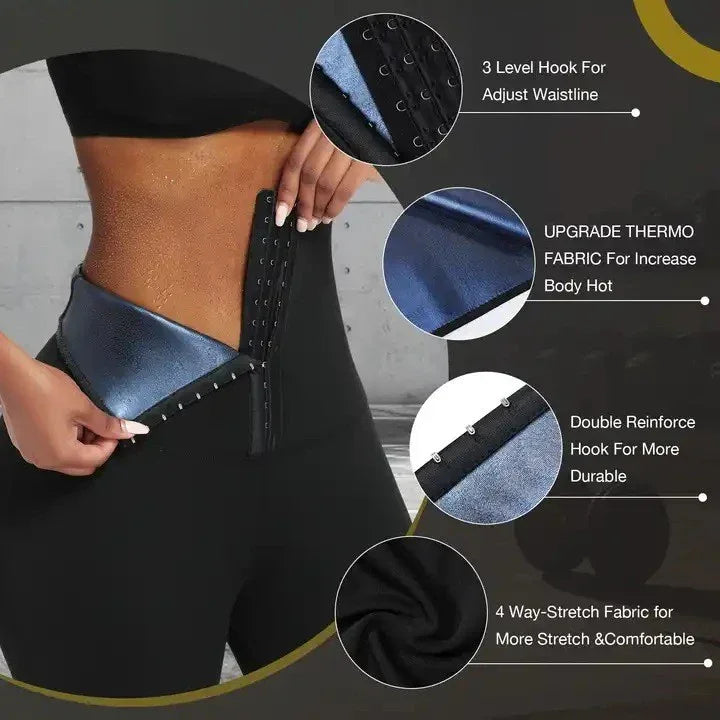 Close-up of waist trainer with 3 level hook, thermo fabric, double reinforce hook, and stretch fabric features