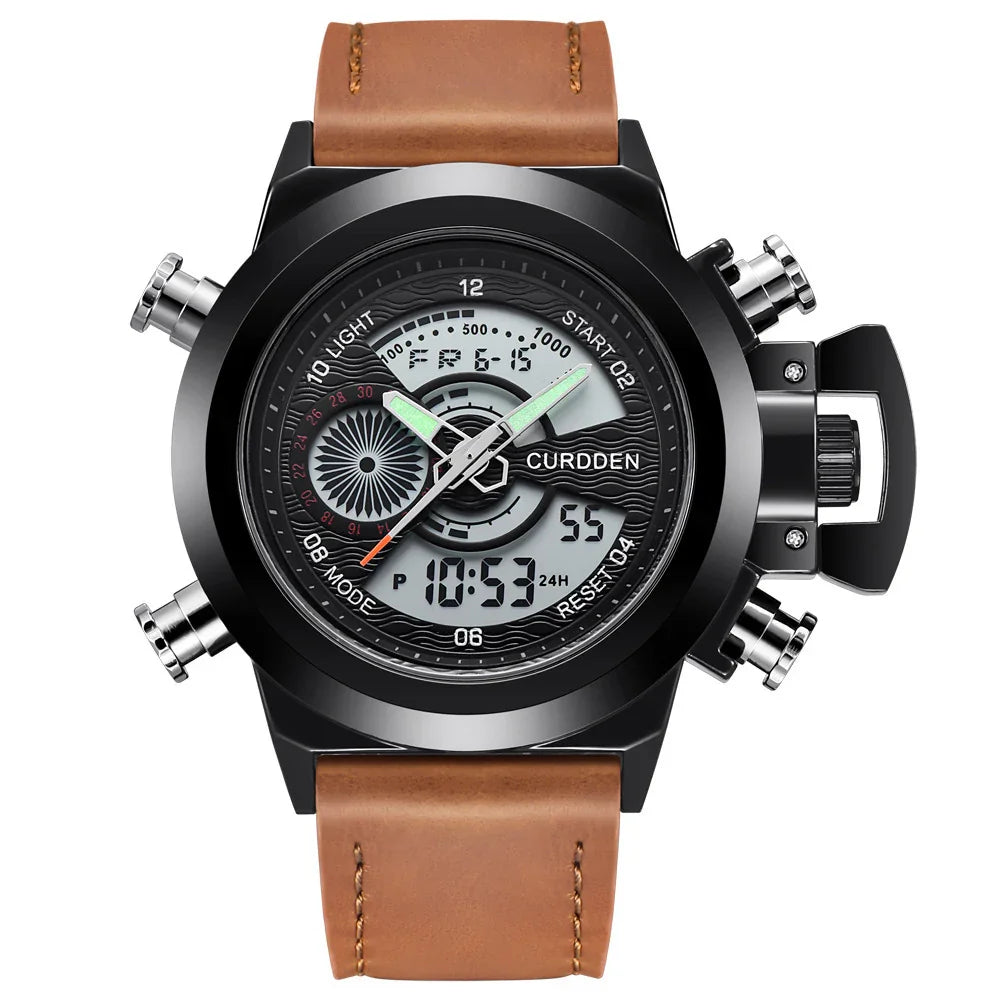 Curdden black dial men's watch with digital and analog display, brown leather strap