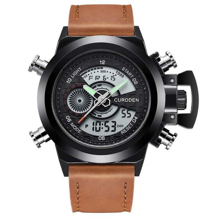 Curdden black dial men's watch with digital and analog display, brown leather strap
