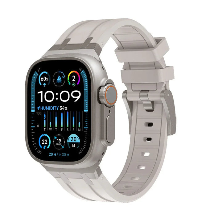 Silver smartwatch with light gray silicone band displaying time and weather data on screen
