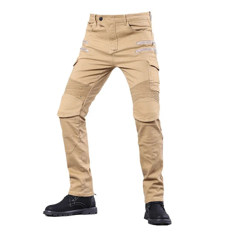 Men's beige tactical pants with ribbed knee panels and black boots on white background
