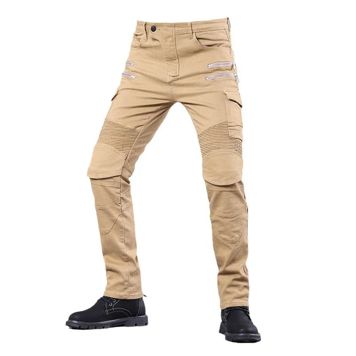 Men's beige tactical pants with ribbed knee panels and black boots on white background