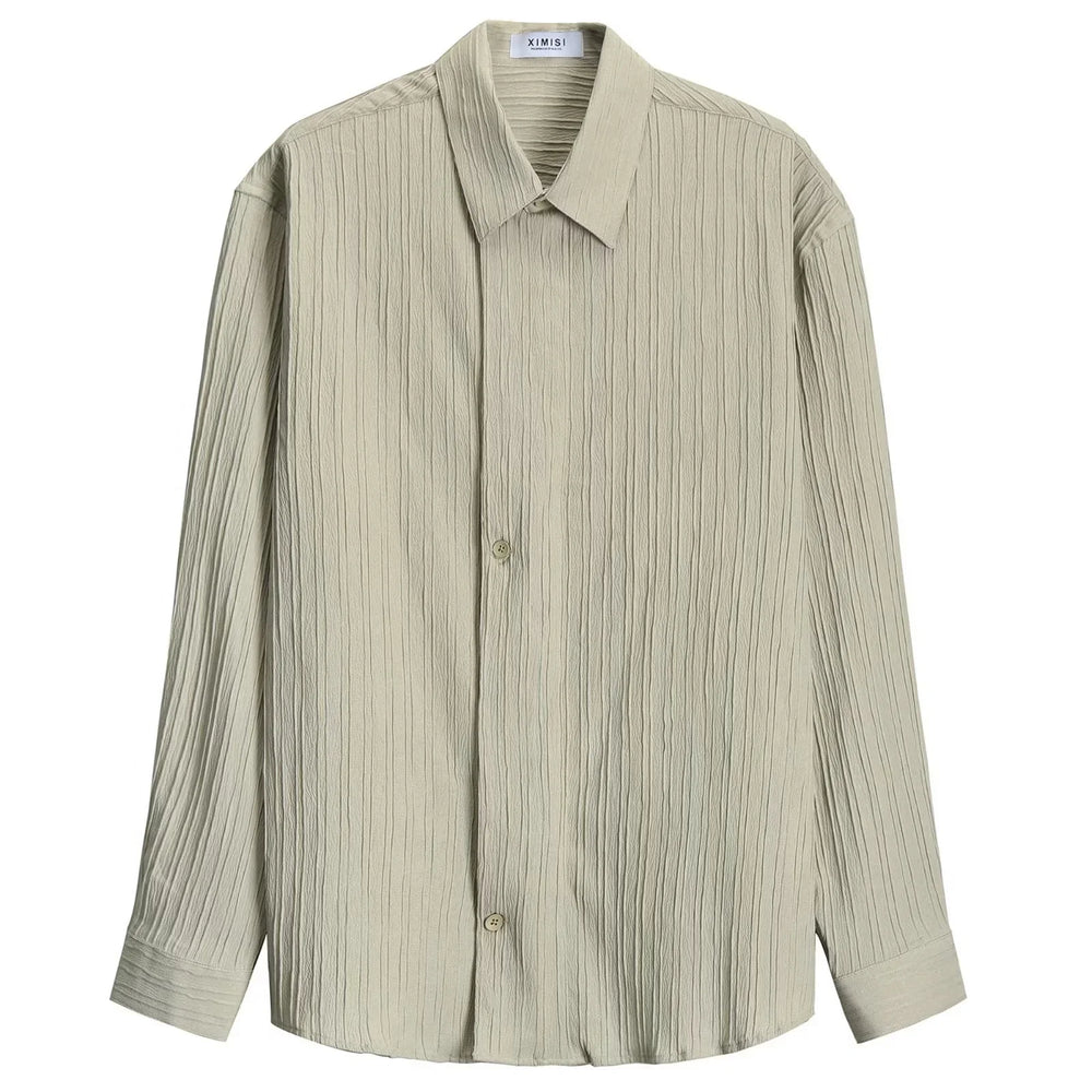 light beige long-sleeve textured casual shirt with collar and buttons by Ximisi