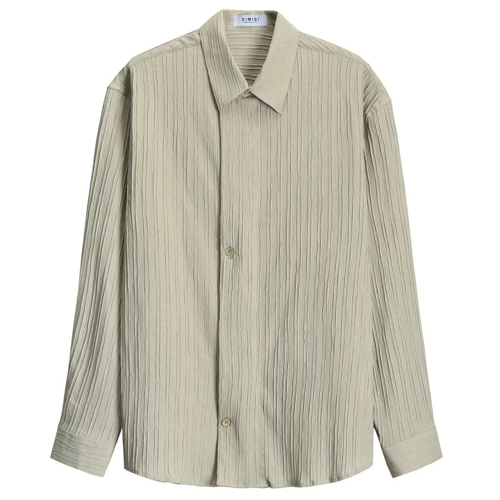 light beige long-sleeve textured casual shirt with collar and buttons by Ximisi