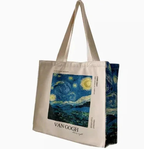 Beige tote bag featuring Van Gogh's Starry Night painting and text, art-themed accessory