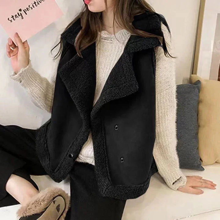 Woman sitting on couch wearing black shearling vest over beige knit sweater with fuzzy slippers