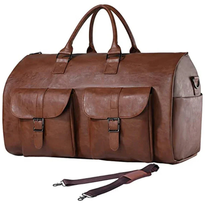 Brown leather duffel bag with two front buckle pockets and detachable shoulder strap