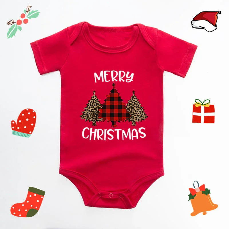 Red baby onesie with Merry Christmas text and three patterned Christmas trees design