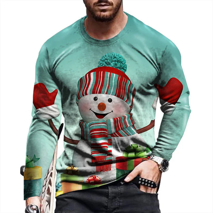 Man wearing teal Christmas sweater with smiling snowman, red striped scarf, mittens, and gifts design