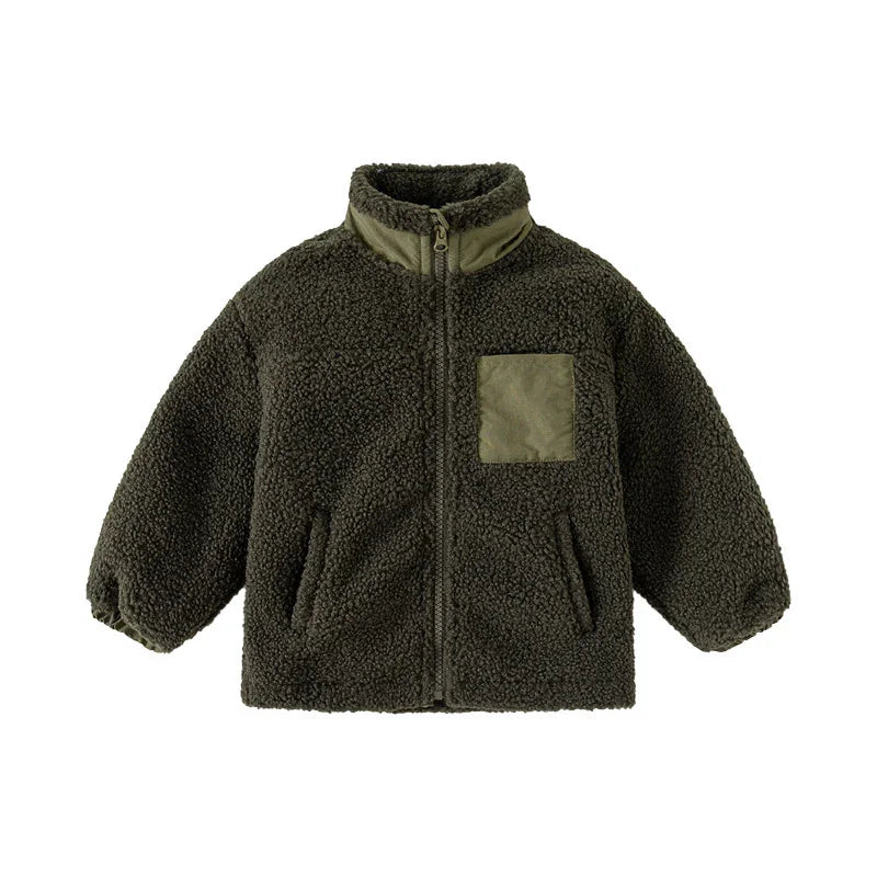 Olive green sherpa fleece jacket with zip front and contrasting chest pocket