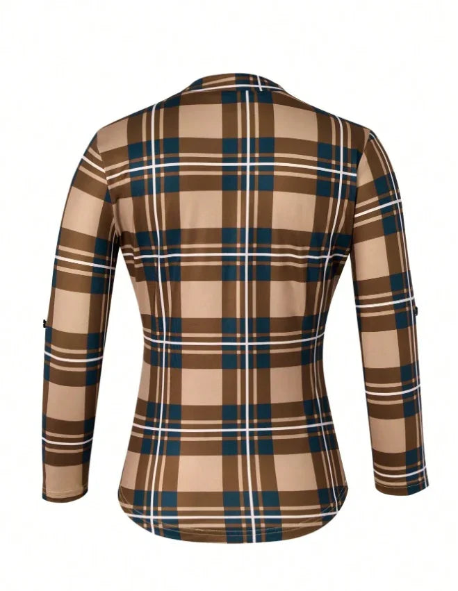 Back view of long-sleeve brown and blue plaid shirt with white stripes