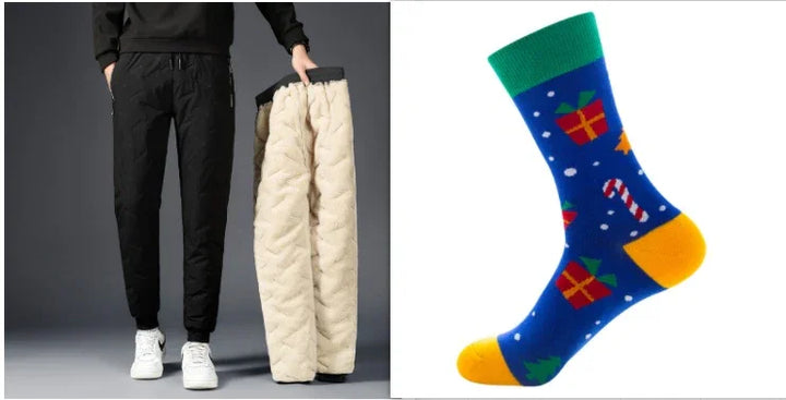 Black insulated winter pants with beige quilted lining and colorful Christmas-themed sock with gifts and candy canes