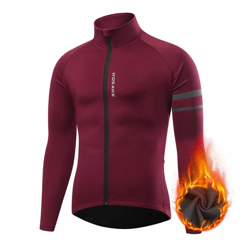 Thermal maroon cycling jacket with reflective stripes and fleece lining, front zipper