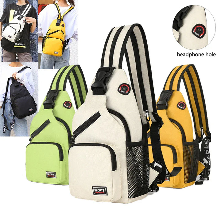Canvas sling bags in white, yellow, green with black trim, featuring headphone hole and mesh side pocket