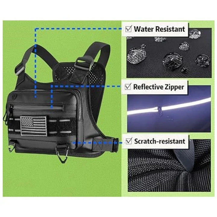 Black tactical chest rig with American flag patch, water resistant, reflective zipper, and scratch-resistant fabric