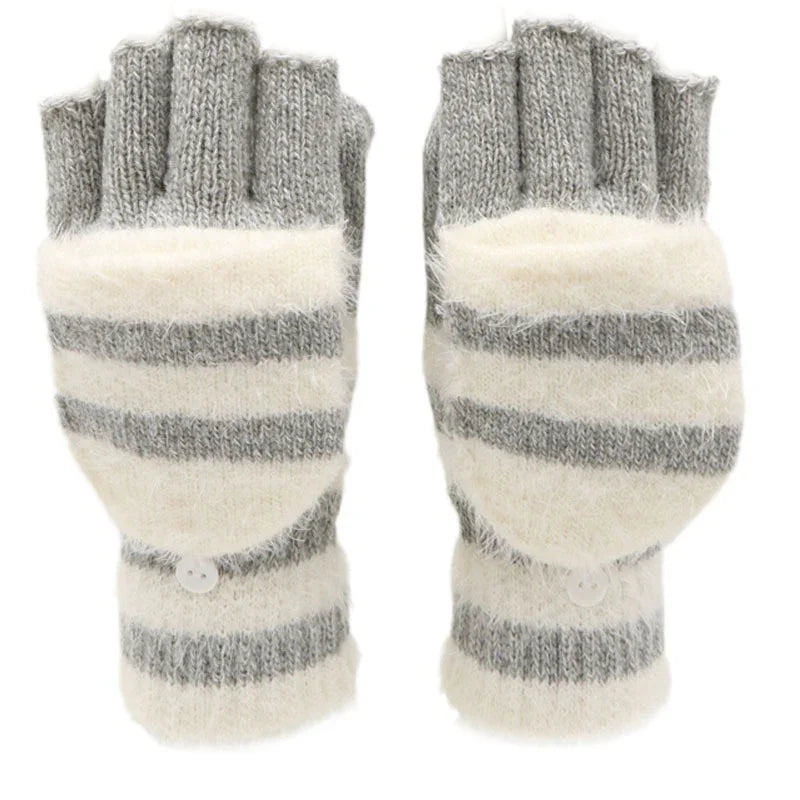 Gray and white striped knit convertible fingerless gloves with fold-over mitten flaps and buttons