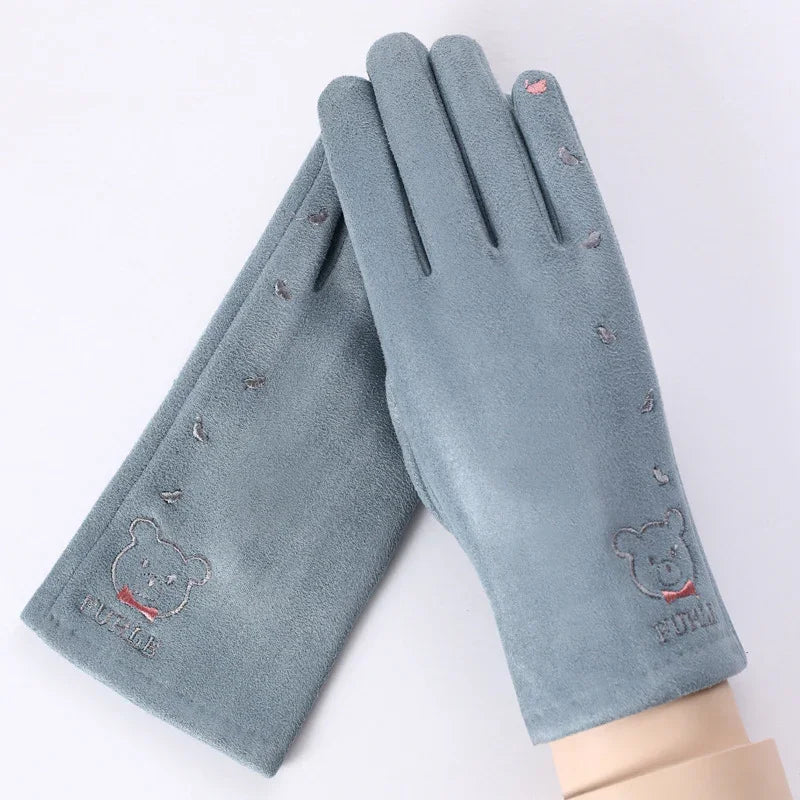 Blue fabric gloves with embroidered bear and small heart details, soft winter accessory