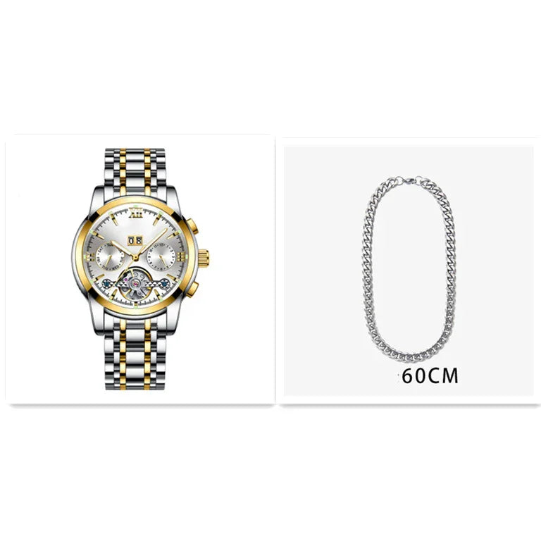 Luxury men's gold and silver wristwatch with chronograph and stainless steel 60CM chain necklace