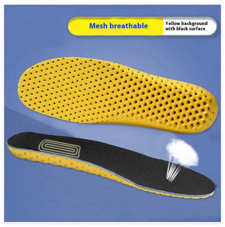 Yellow breathable mesh shoe insoles with black top surface on blue background