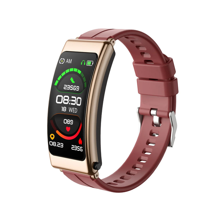 Gold fitness tracker with curved display showing time, steps, heart rate, and burned calories on pink strap
