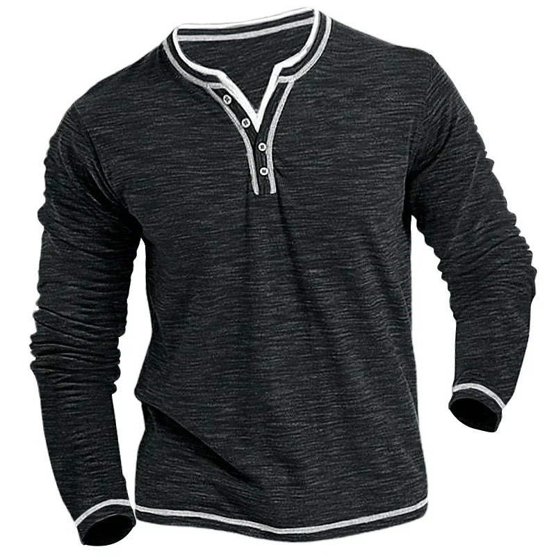 Black long-sleeve henley shirt with white trim on collar, cuffs, and hem, casual men's top