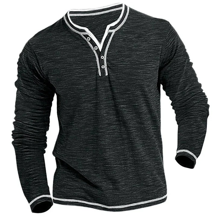 Black long-sleeve henley shirt with white trim on collar, cuffs, and hem, casual men's top