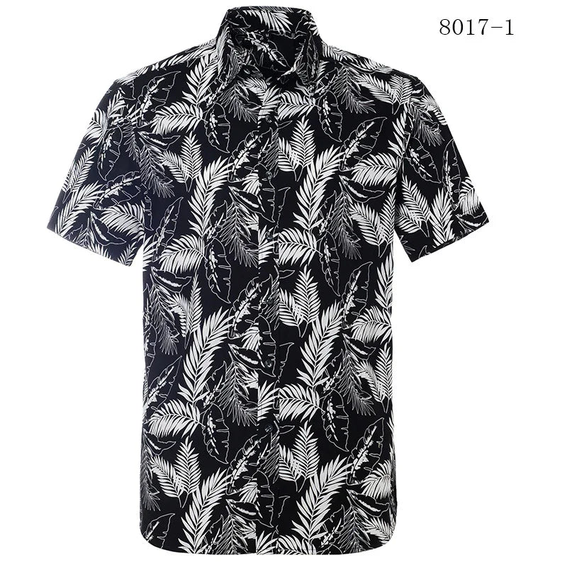 Black short sleeve button-up shirt with white tropical leaf print, style 8017-1