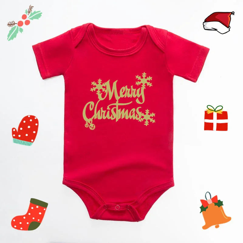Red baby onesie with gold Merry Christmas text and snowflakes, surrounded by festive holiday icons