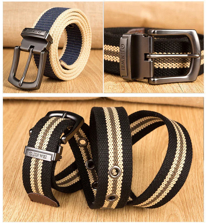 Black and beige striped fabric belts with metal buckles named JIN WEI on wooden surface
