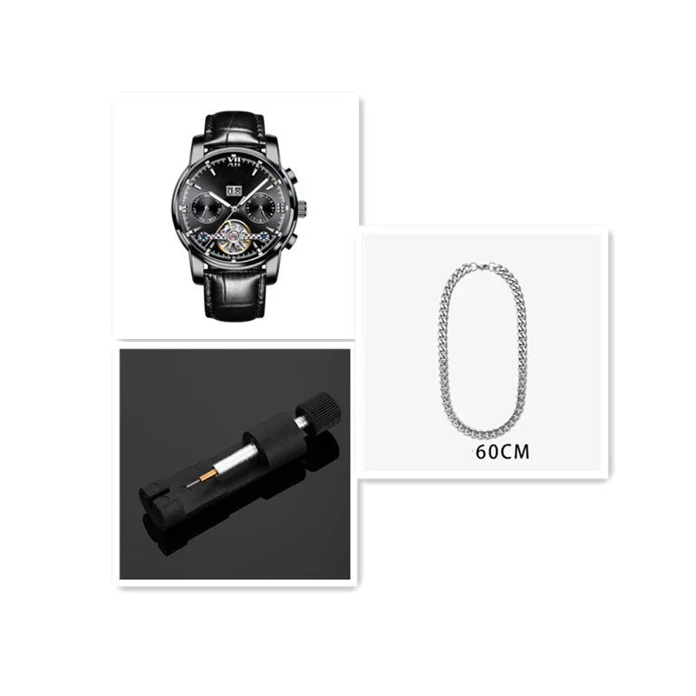 Black leather strap wristwatch with black dial, silver chain necklace 60cm, and black watch tool on black background