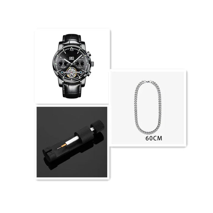 Black leather strap wristwatch with black dial, silver chain necklace 60cm, and black watch tool on black background