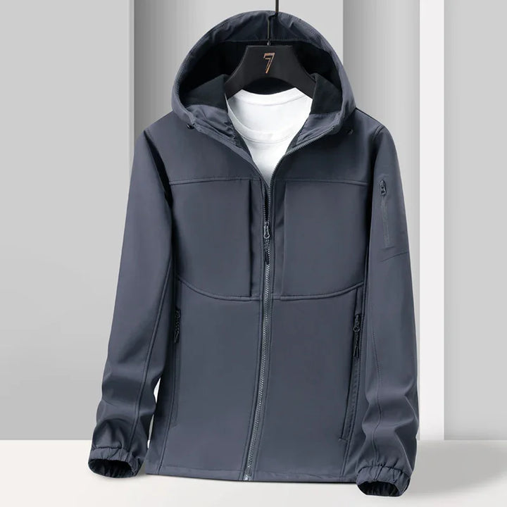 Men's dark gray zip-up hooded softshell jacket with elastic cuffs and white T-shirt