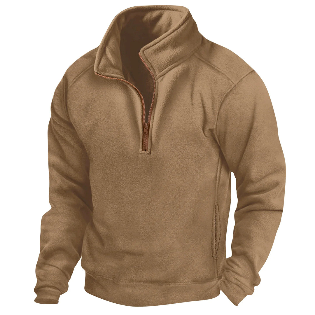 tan brown fleece pullover with quarter zip and side pockets on white background
