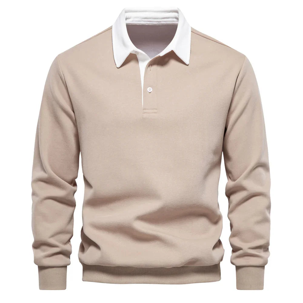 Beige long sleeve rugby shirt with white collar and button placket, casual men's top