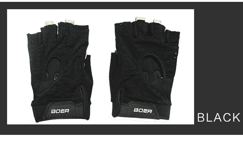 Black BOER half-finger cycling gloves with textured grip, displayed on white background