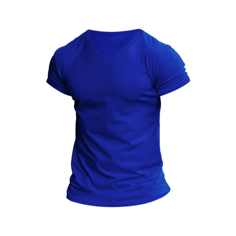 Plain blue V-neck short sleeve men's T-shirt on white background