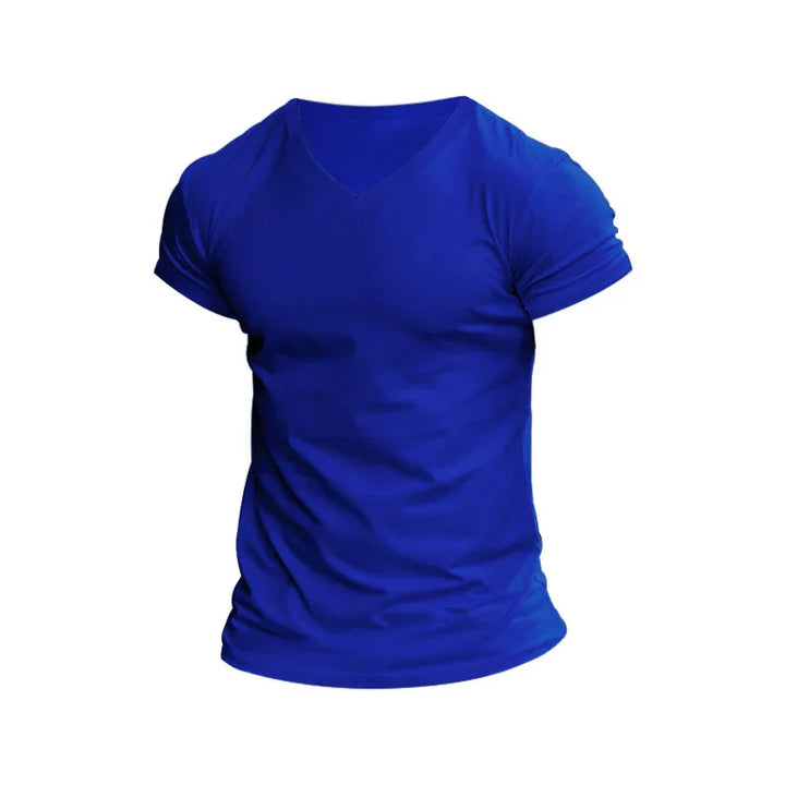 Plain blue V-neck short sleeve men's T-shirt on white background