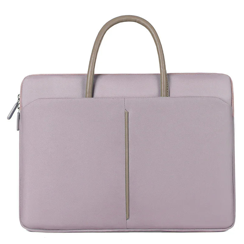 Elegant lavender laptop bag with taupe handles, front pocket, and zipper closure