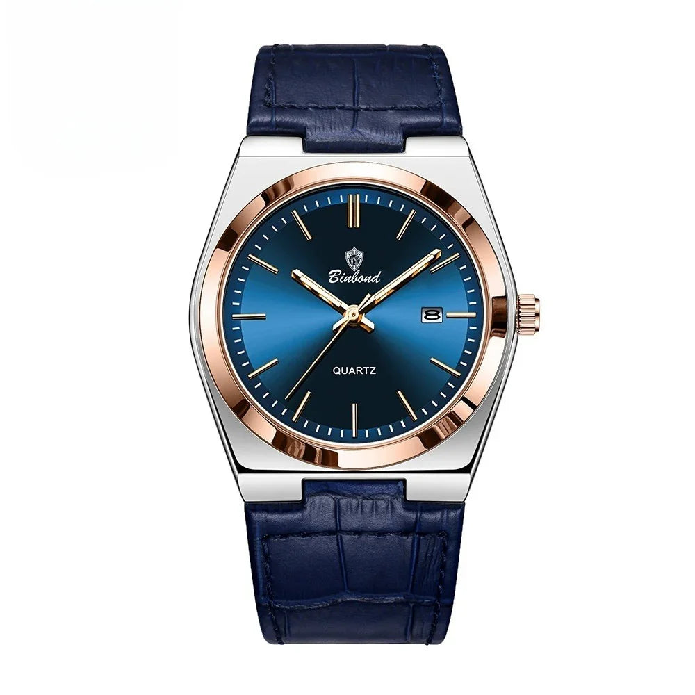 Binbond men's quartz wristwatch with blue dial, rose gold bezel, and blue leather strap