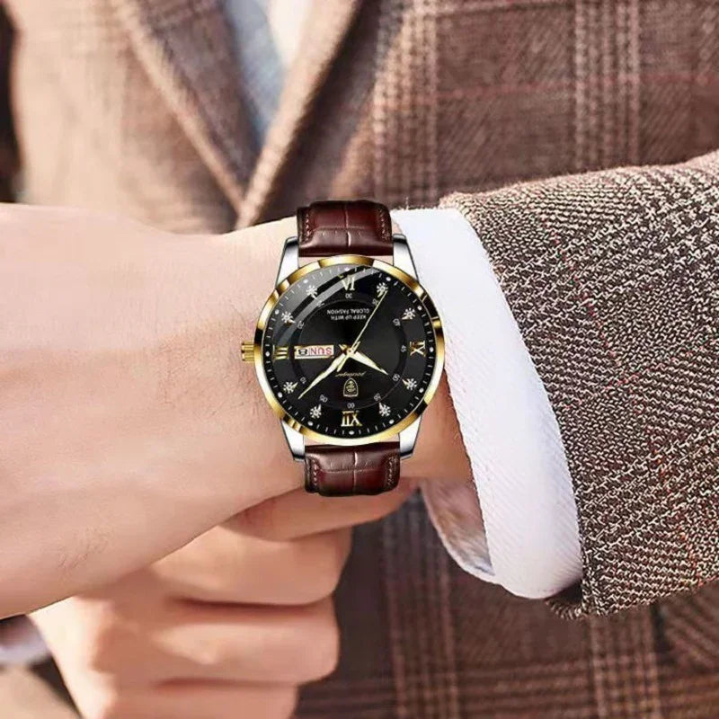 Luxury men's wristwatch with black dial, gold accents, brown leather strap, worn with plaid suit