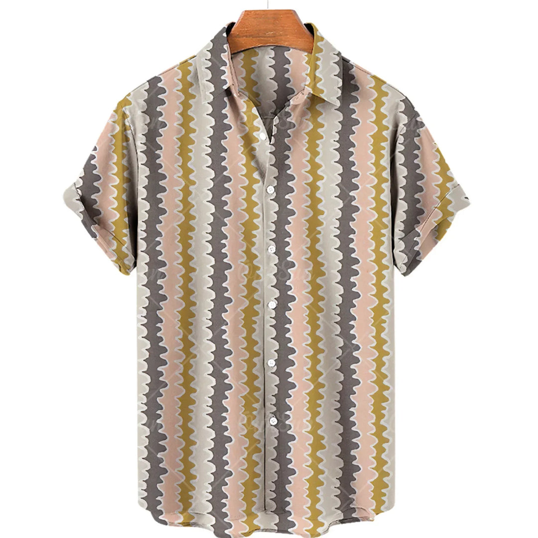 Men's short sleeve button-up shirt with colorful wavy vertical stripes in beige, pink, and gold