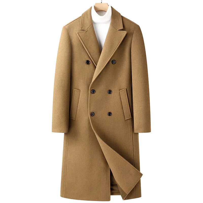 Camel brown double-breasted wool coat with notch lapels and front pockets over a white turtleneck sweater