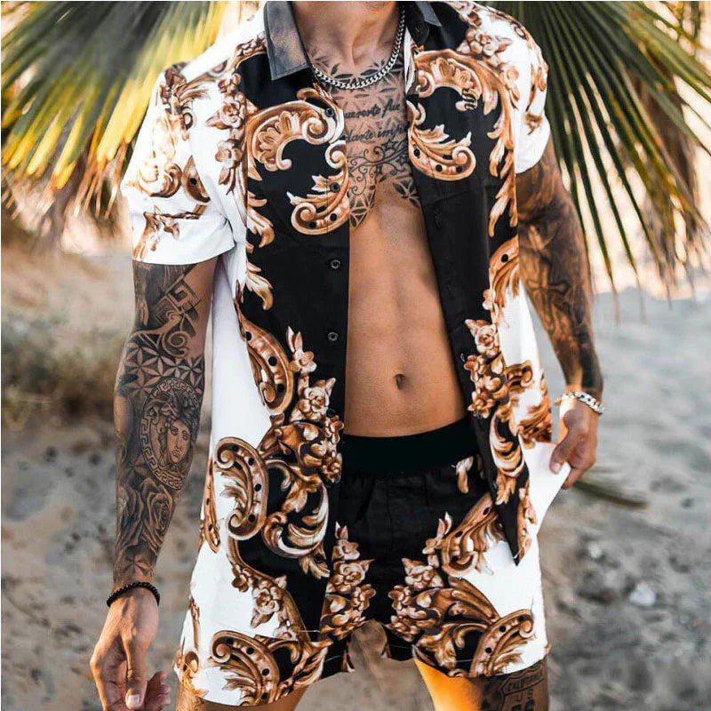 Man wearing matching black and white baroque print short-sleeve shirt and shorts with tropical palm background