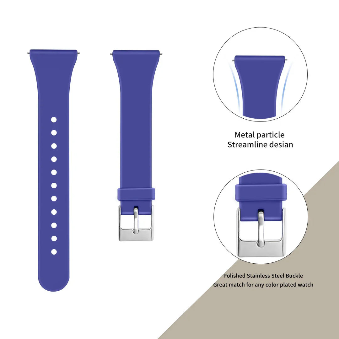 Blue silicone watch band with polished stainless steel buckle and streamlined metal connector design