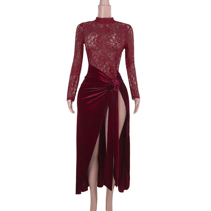 Elegant burgundy lace and velvet long-sleeve evening dress with high slit and floral knot detail