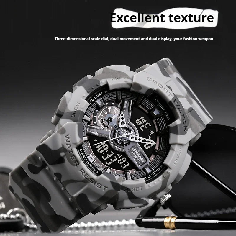 Camouflage sport watch with analog-digital dial, water resistant, multiple function buttons