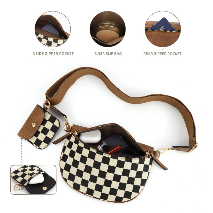 Brown and black checkered crossbody bag with detachable mini pouch and multiple compartments