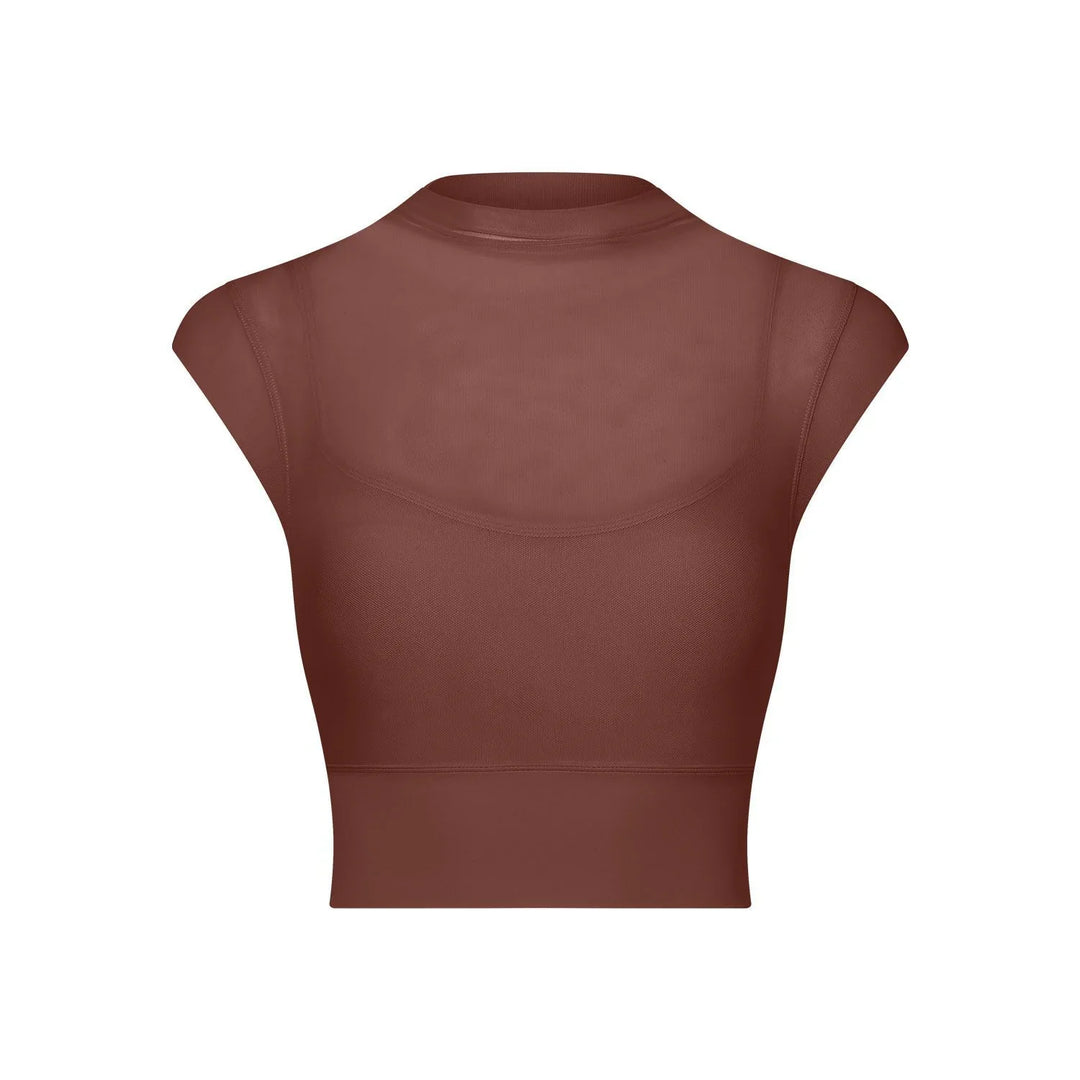 brown sleeveless mesh crop top with high neckline and fitted design