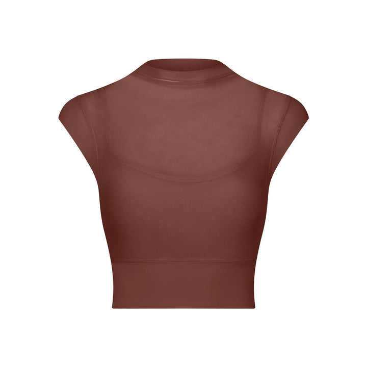 brown sleeveless mesh crop top with high neckline and fitted design